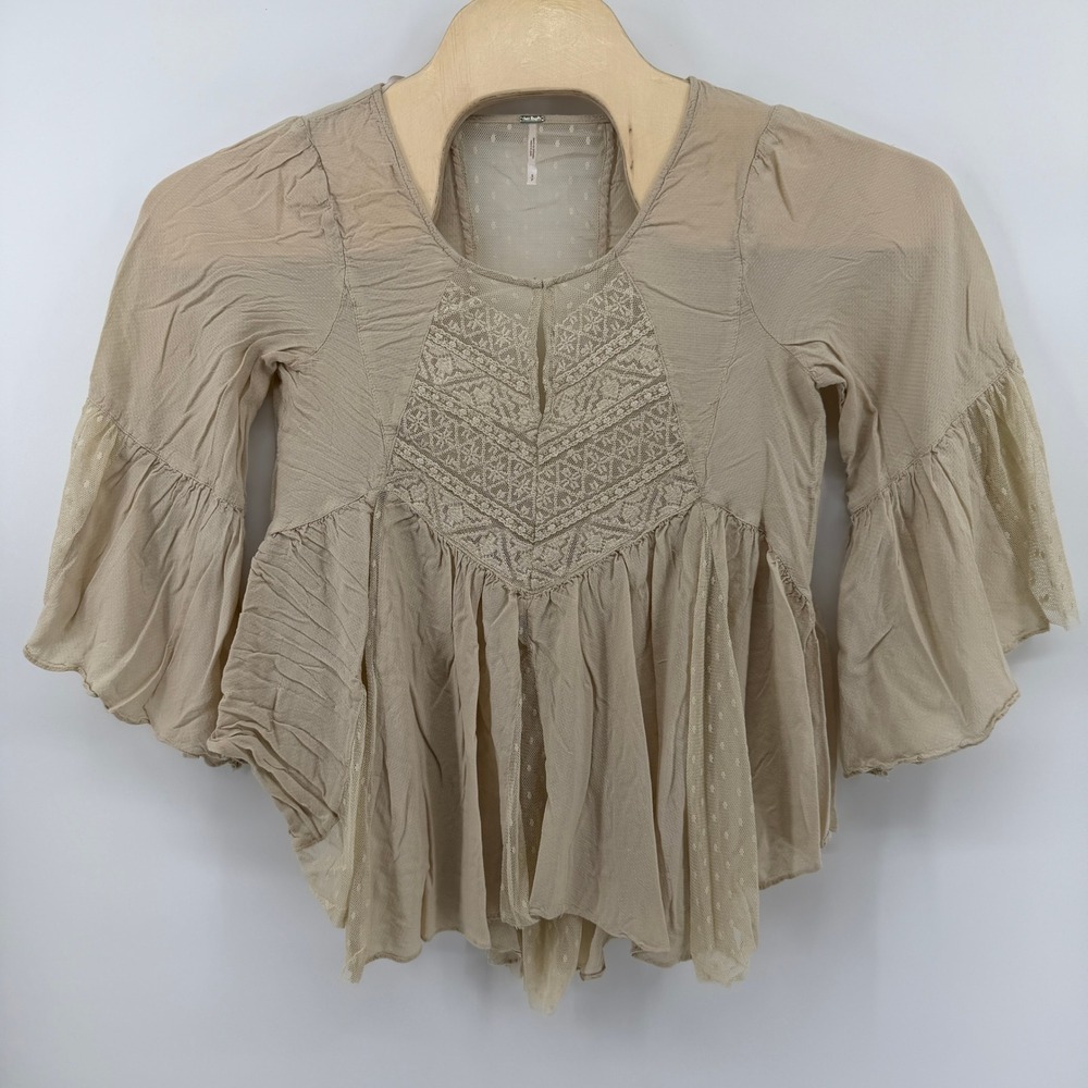Free People Babydoll Top Womens Small Tan Lace Mesh Bell Sleeve Boho Blouse